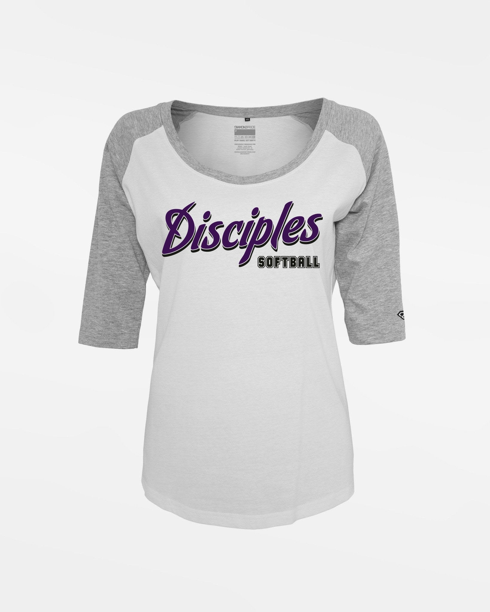 Diamond Pride Ladies 3/4 Contrast Raglan T-Shirt "Munich-Haar Disciples", Script Softball, weiss - heather grau-DIAMOND PRIDE