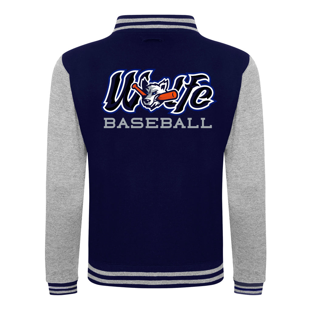 Diamond Pride Kids Varsity College Jacke "Laufer Wölfe", Wolf & Baseball, navy blau - heather grau-DIAMOND PRIDE