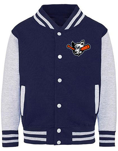 Diamond Pride Kids Varsity College Jacke "Laufer Wölfe", Wolf & Baseball, navy blau - heather grau-DIAMOND PRIDE