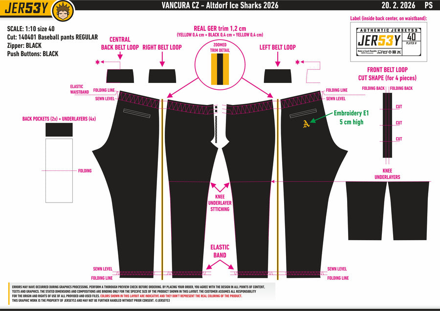 Jersey53 Baseball Pant "Altdorf Icesharks und Raptors" Closed Leg (Regular), schwarz-gelb-DIAMOND PRIDE